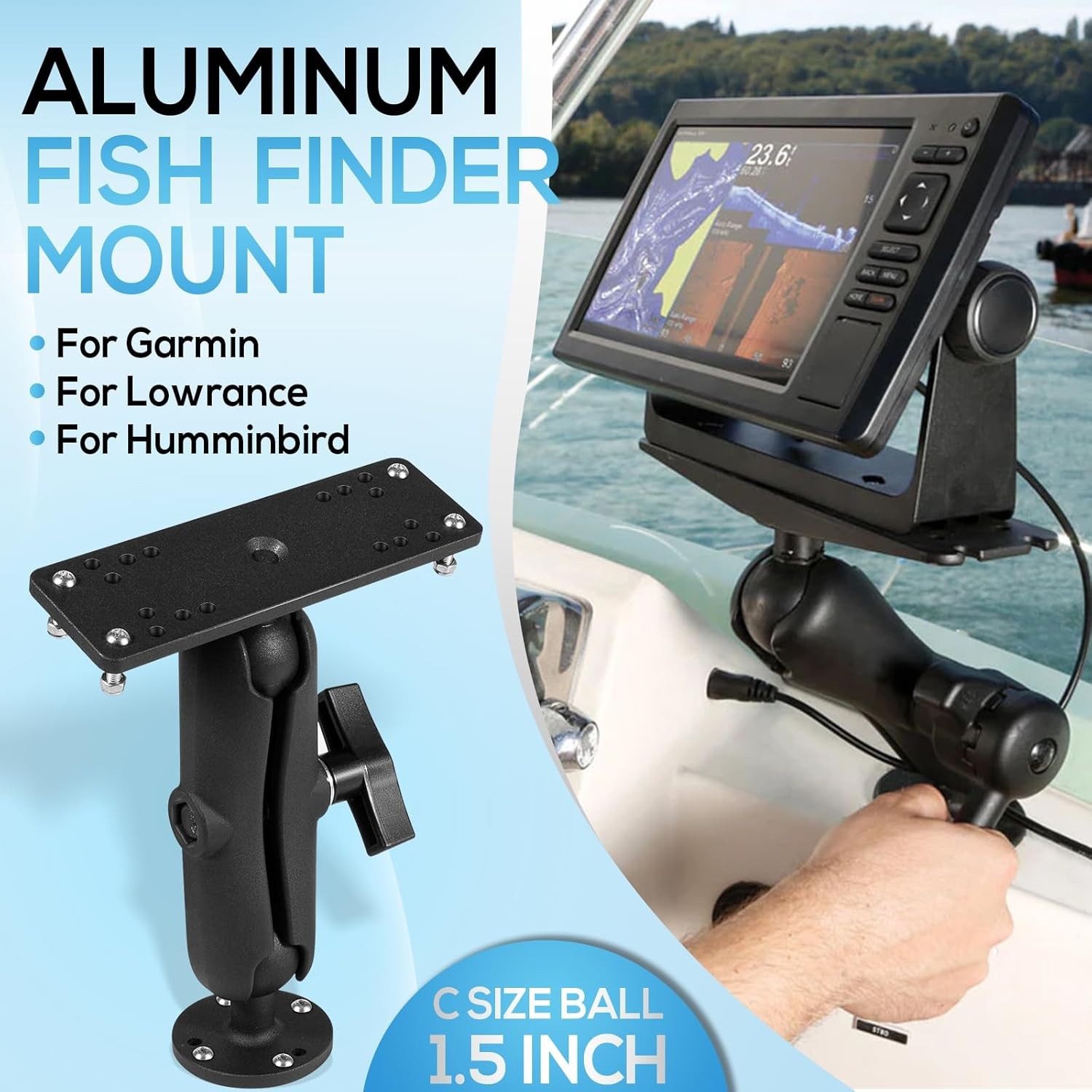 Aluminum Fish Finder Mount 1.5"Ball Medium Arm 360° Rotation for Garmin Lowrance