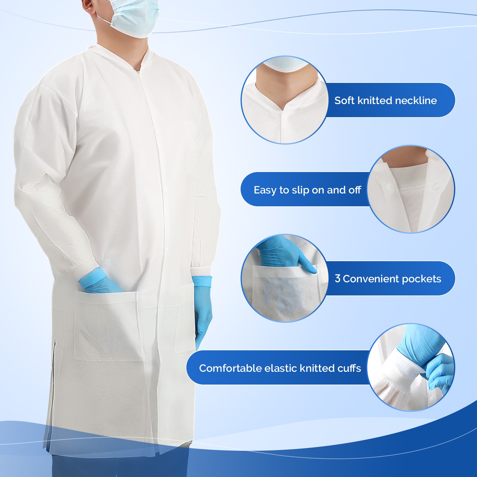 JMU Disposable Lab Jackets Unisex Knee Length Lab Coats w/ Knit Cuffs 3 Pockets