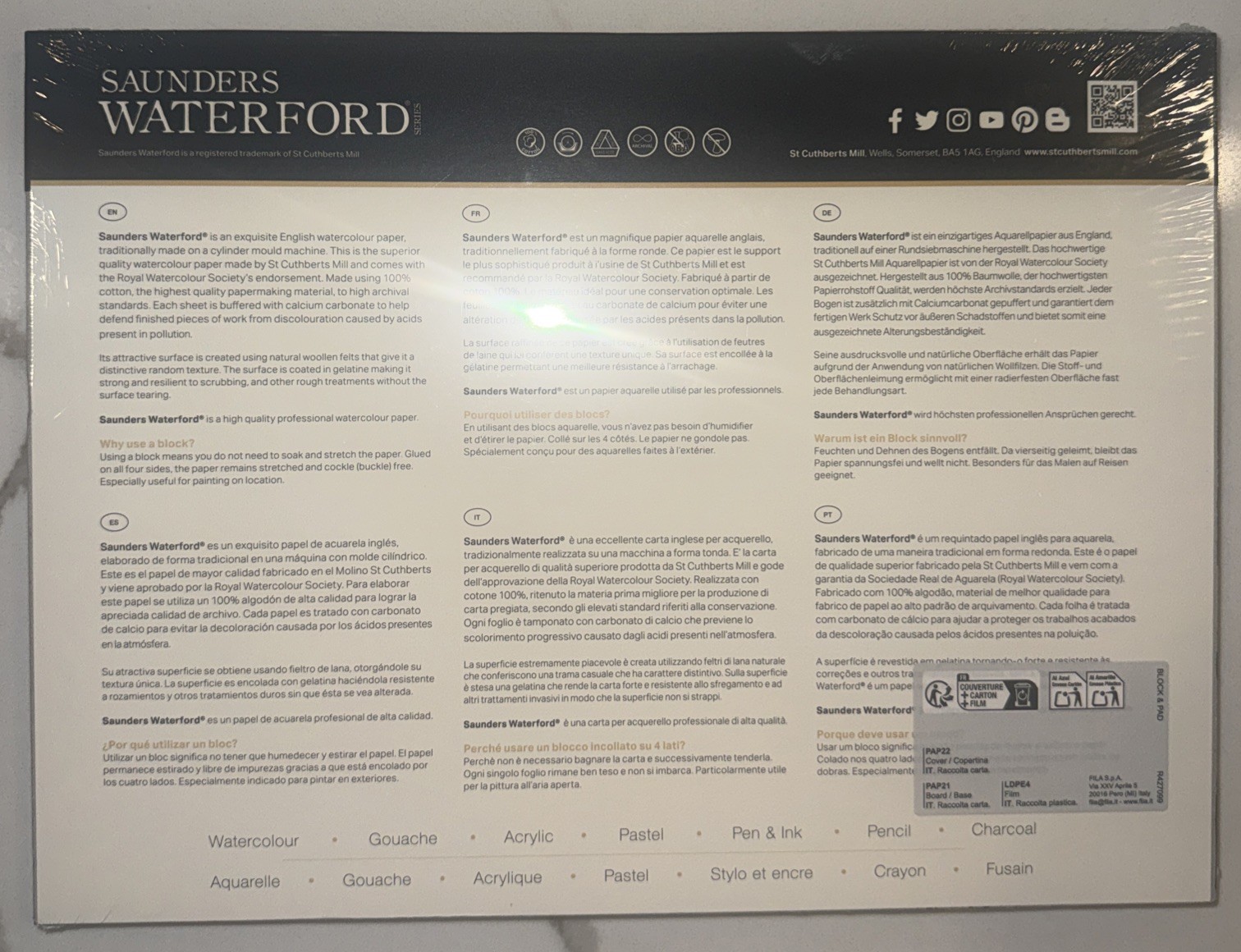 New St. Cuthberts Mill Saunders Waterford Watercolor Paper Block - 12x9 inch CP