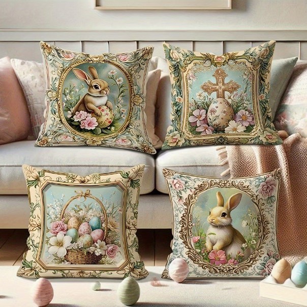 Set of 2 Spring Easter Pillow Covers 18" – Bunny & Egg Designs – No Insert