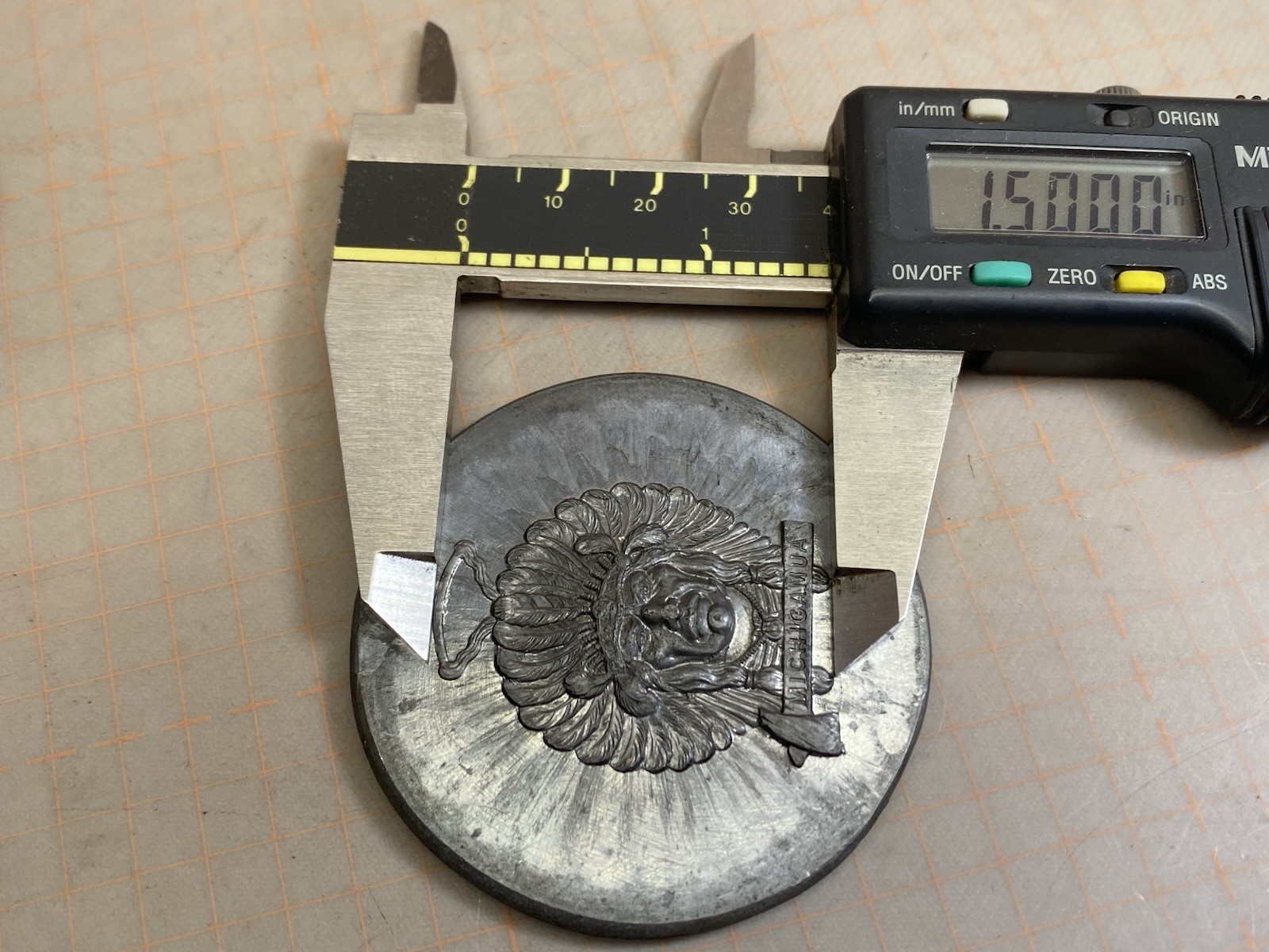 VTG Die Mold Native American Indian Chief Michigamua Tomahawk Watch Fob Medal