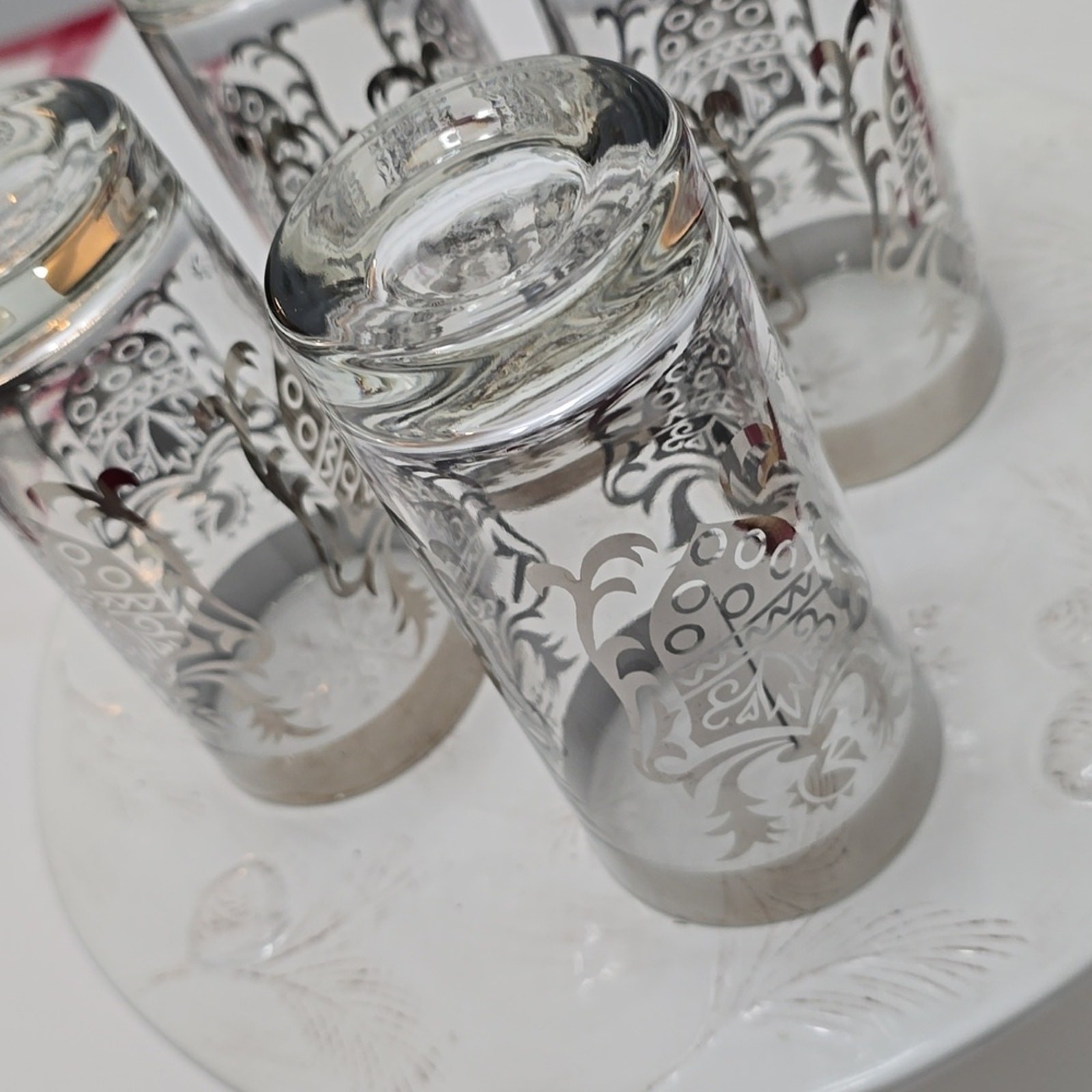 Vintage MCM Set Of 4 Kimiko Silver Knight Shield Highball Glasses Barware