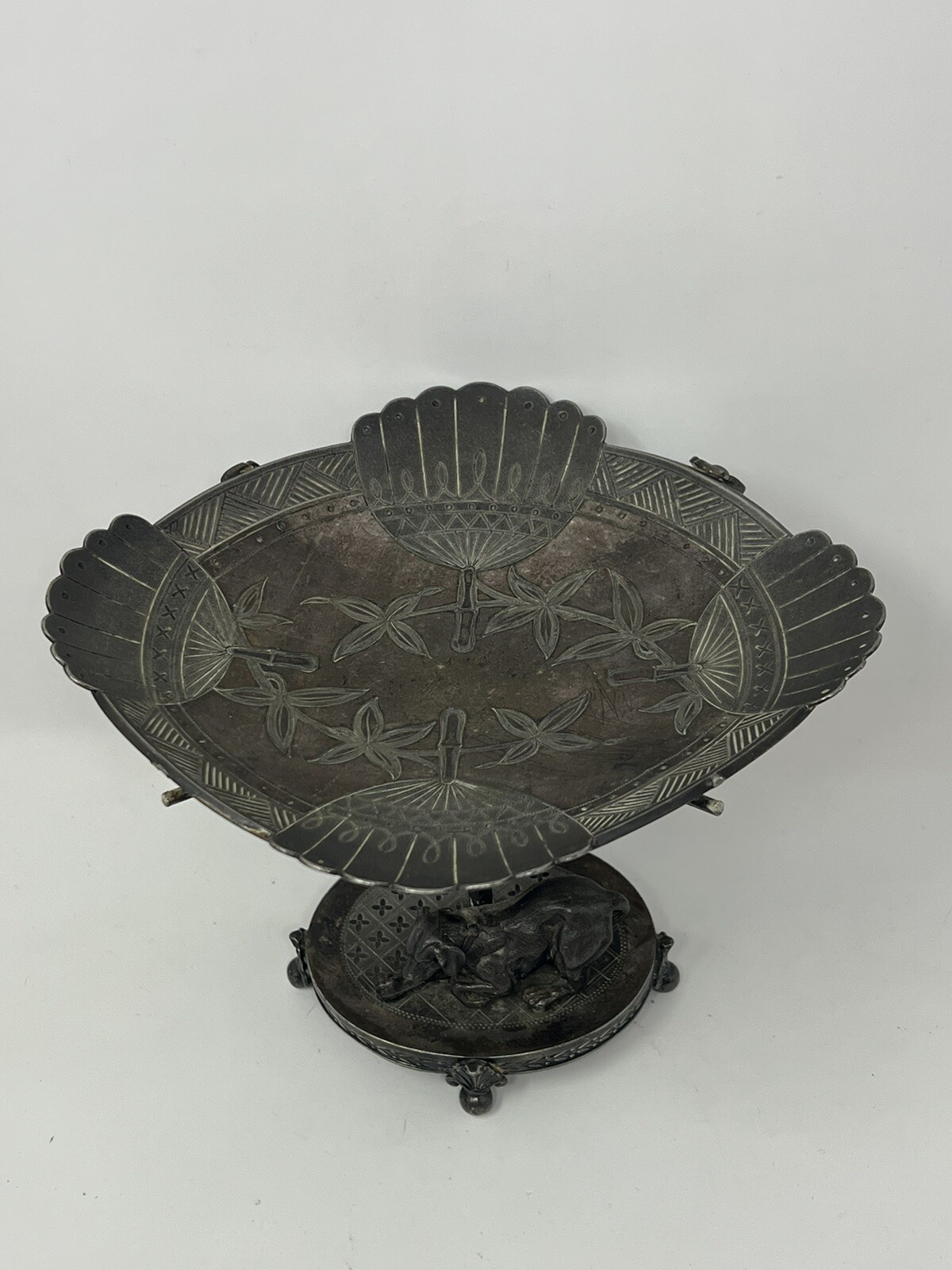 Antique Dog Figural Calling Card ? Silver Plate Tray Stand Simpson Hall Miller