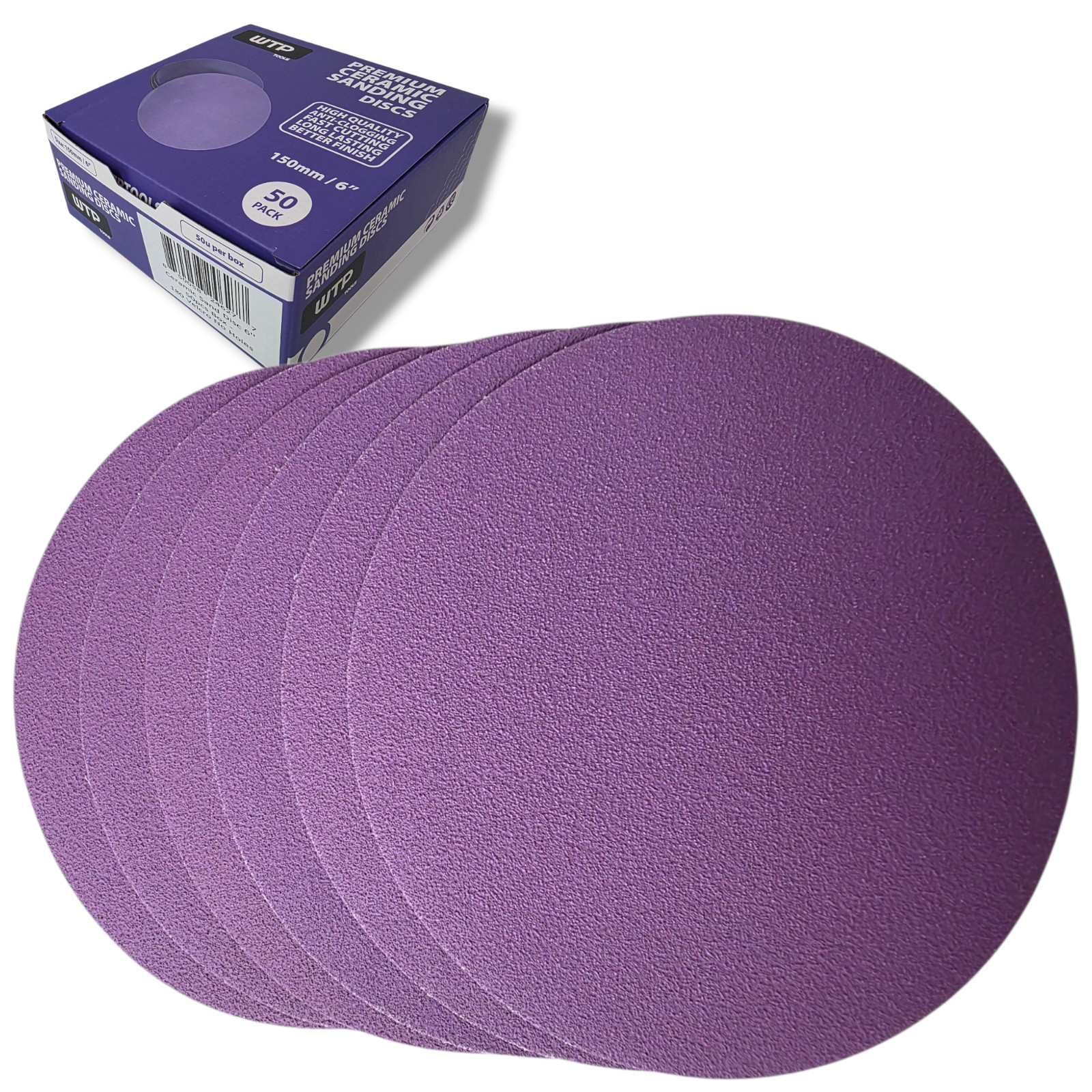 6 Inch Ceramic Hook & Loop Sandpaper Discs, No Holes, 50pcs Box, P40 to P800