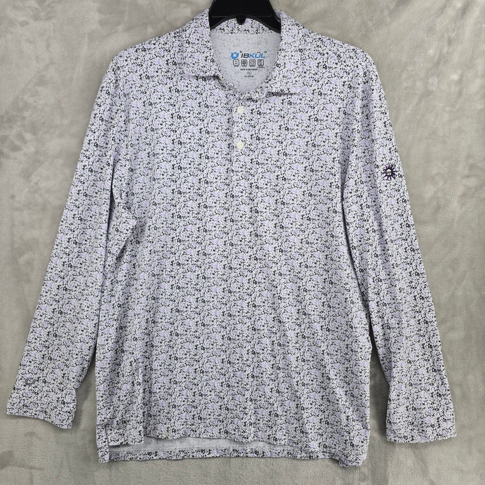IBKUL Mens XL Long Sleeve Floral Print Golf Polo Shirt UPF 50+ Quick Dry