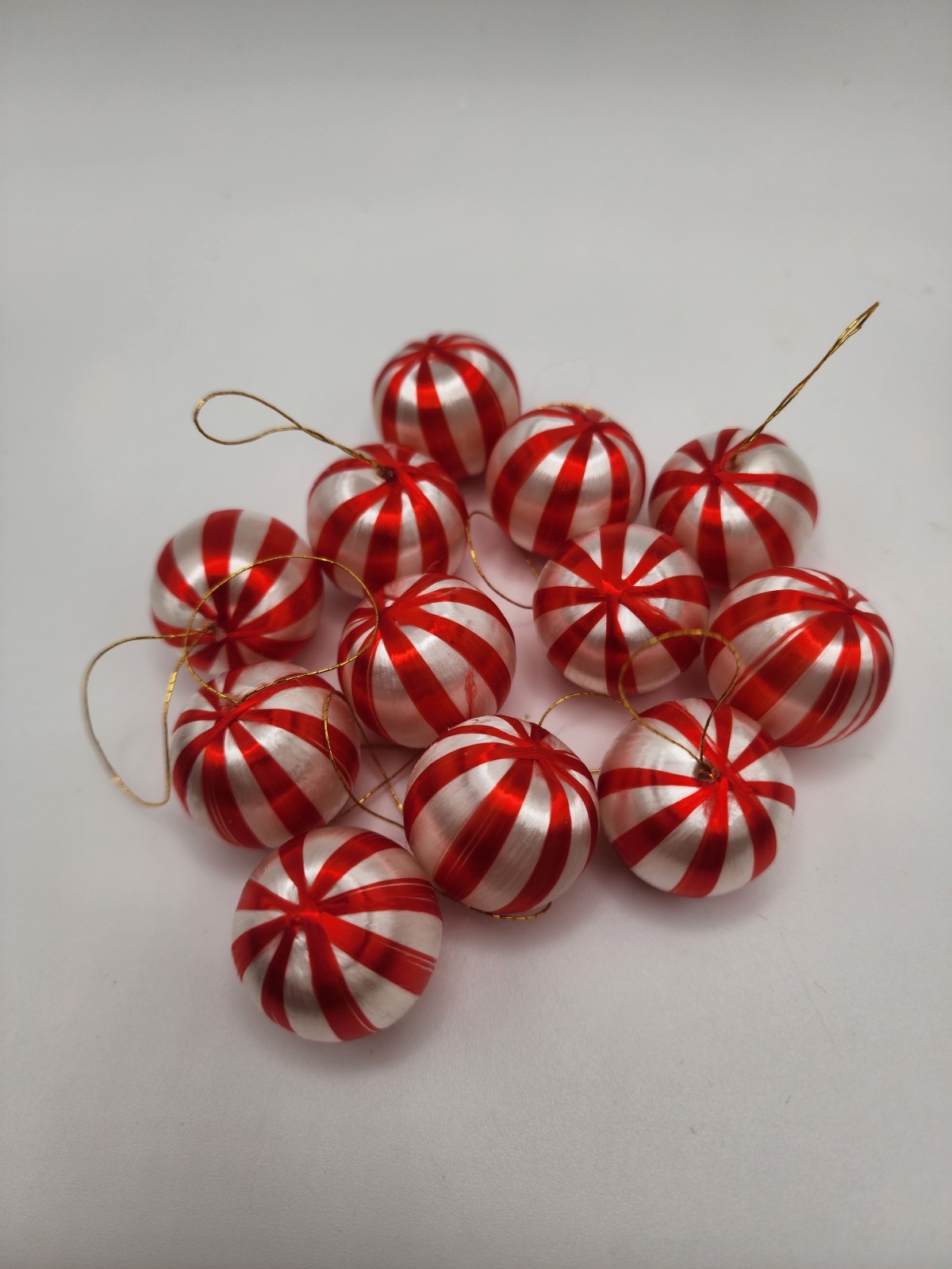 Christmas Ornaments Baubles Satin Sheen Red White Striped Mini Vintage Set Of 12