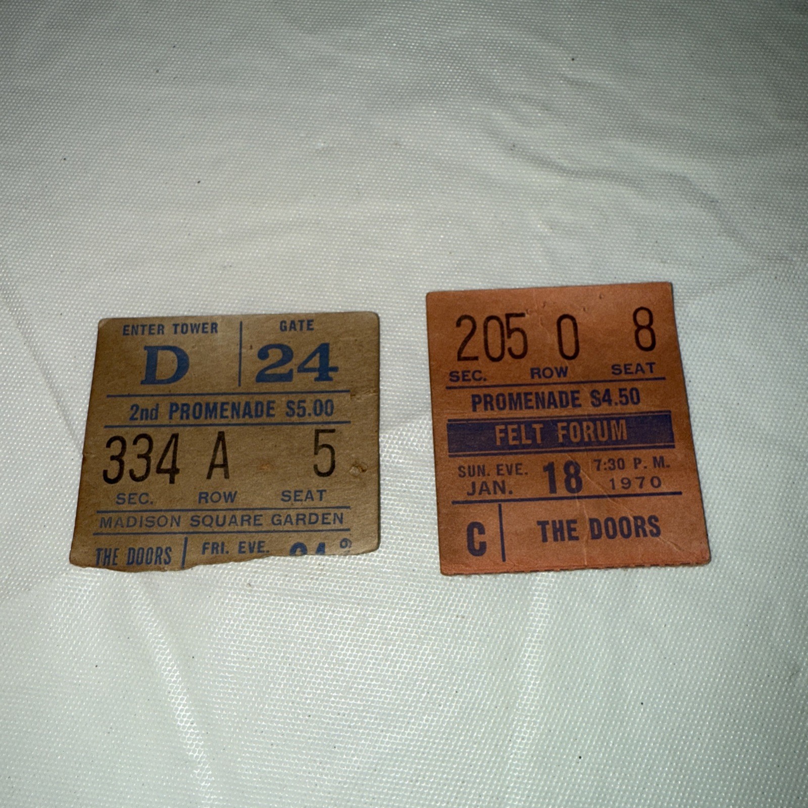 THE DOORS Original CONCERT TICKET STUB 1969 & 1970 MSG Felt Forum