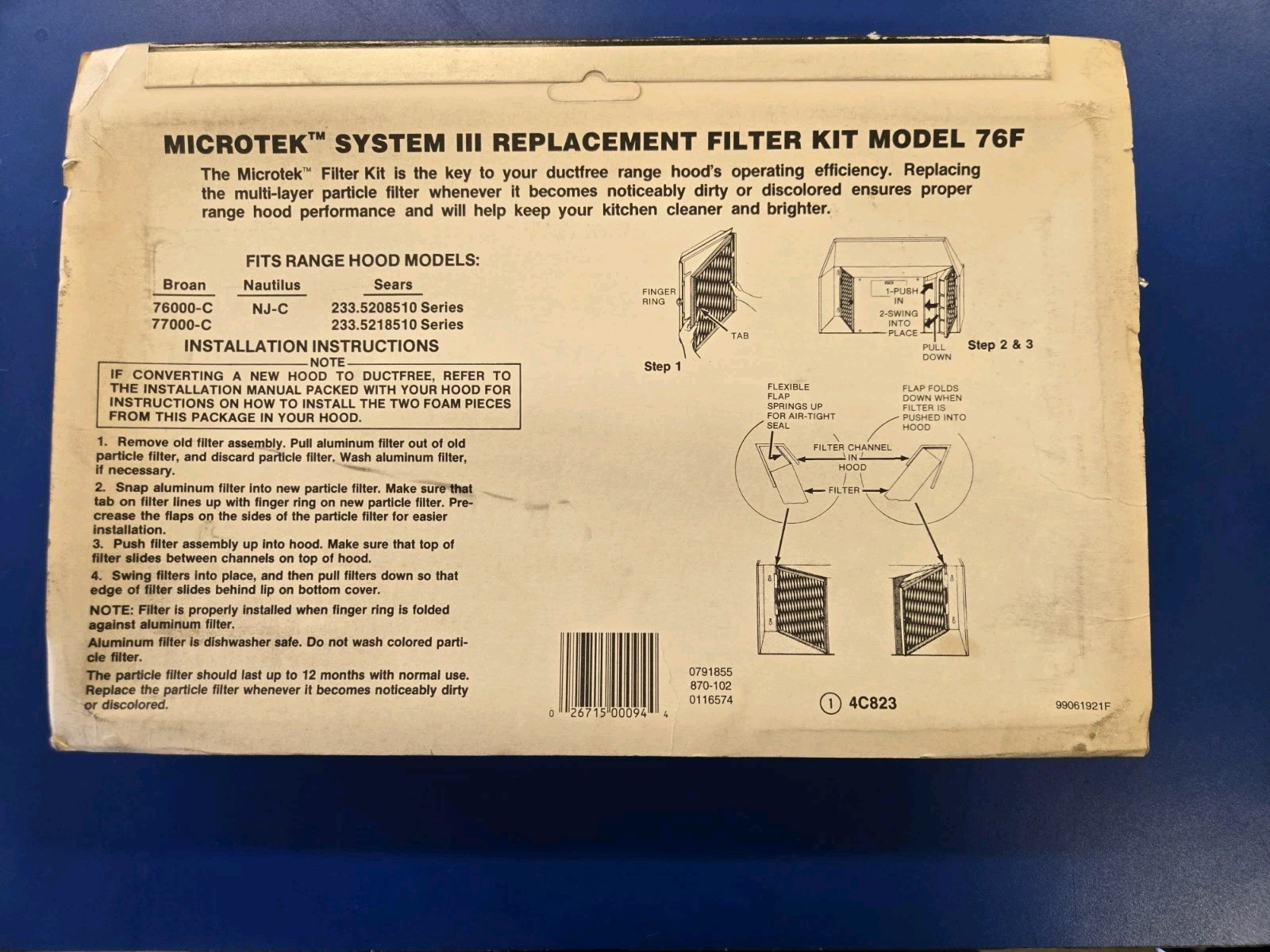 BROAN - 76F MICROTEK RANGE HOOD SYSTEM DUCT-FREE FILTER REPLACEMENT - PK OF 2
