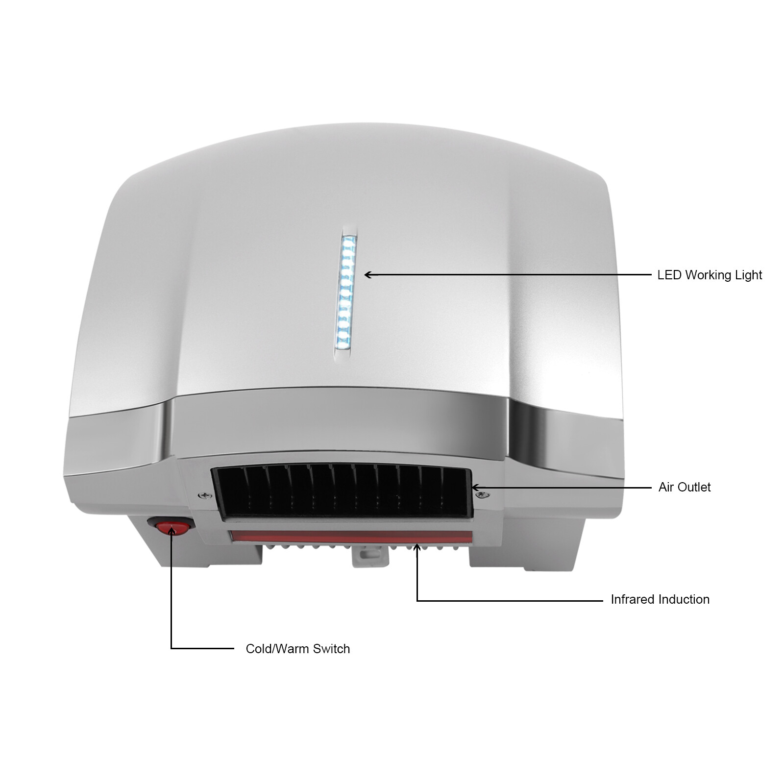 1800W Automatic Electric Hand Dryer Commercial and Household Use Silver 70-75dB