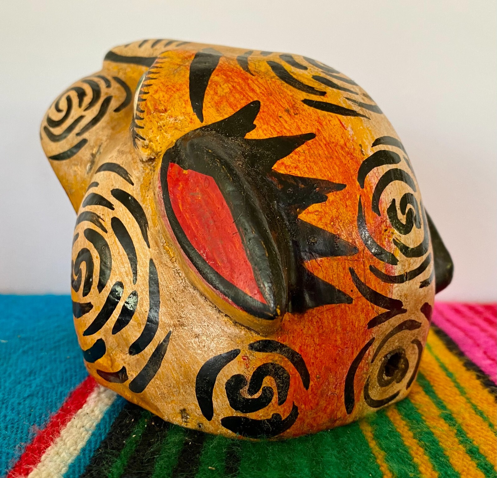 Mexican Folk Art Carved Wood Jaguar Leopard Cat Head Lion Face Mask Guerrero 5"