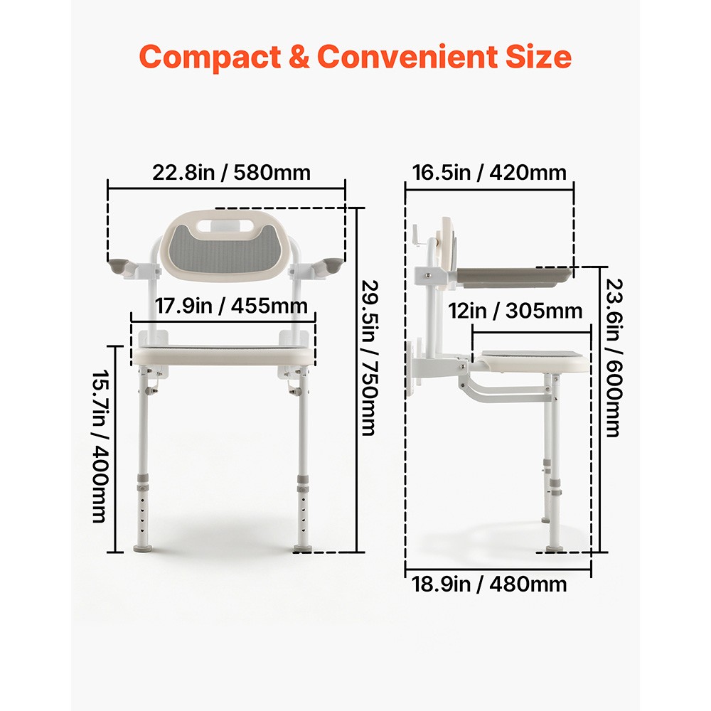 Uimoso Foldable Shower Chair Wall Mounted Shower Seat with Backrest & Armrest