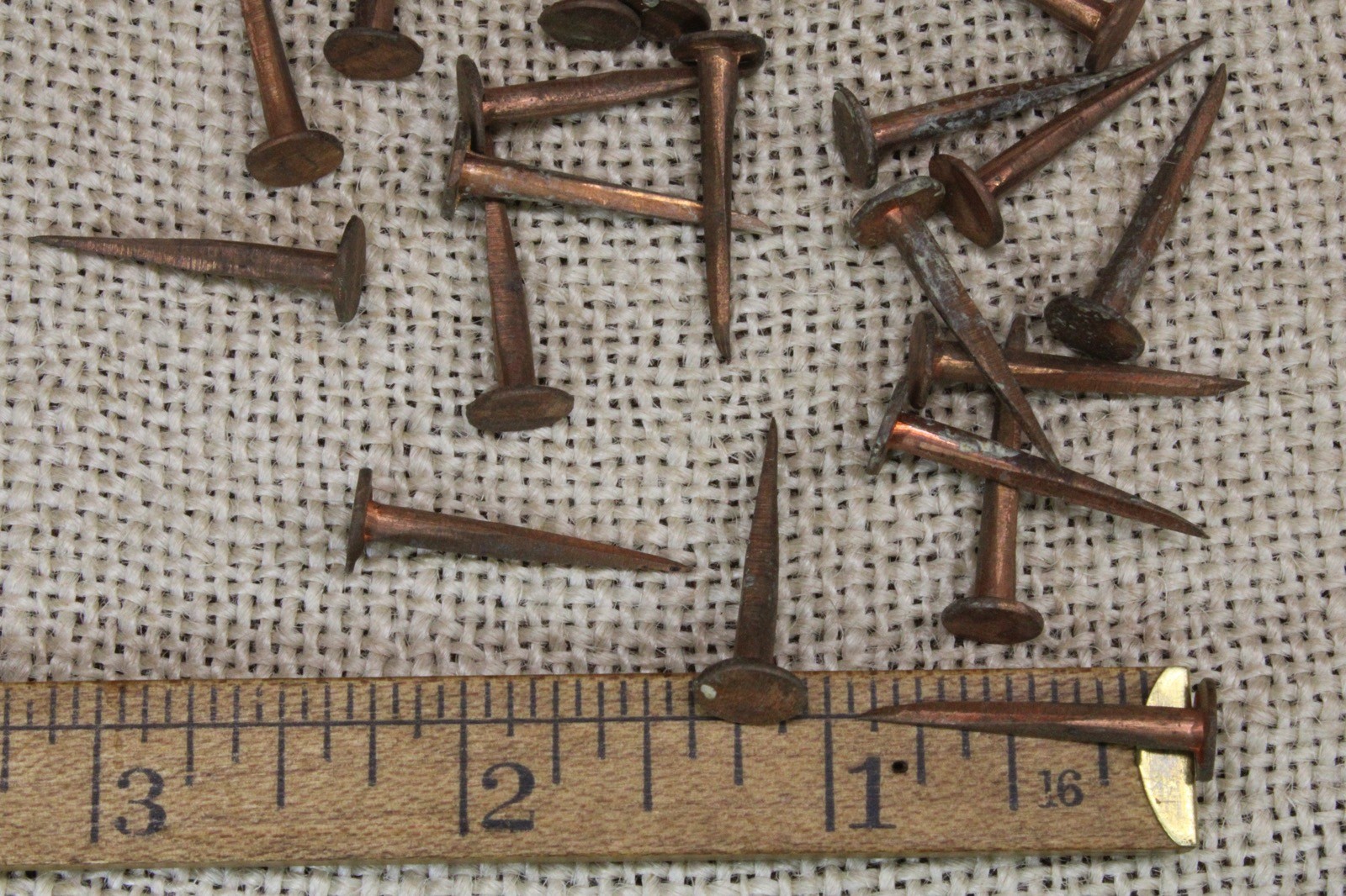 20 old COPPER TACKS 1” nails vintage sharp point 5/16” round flat head solid