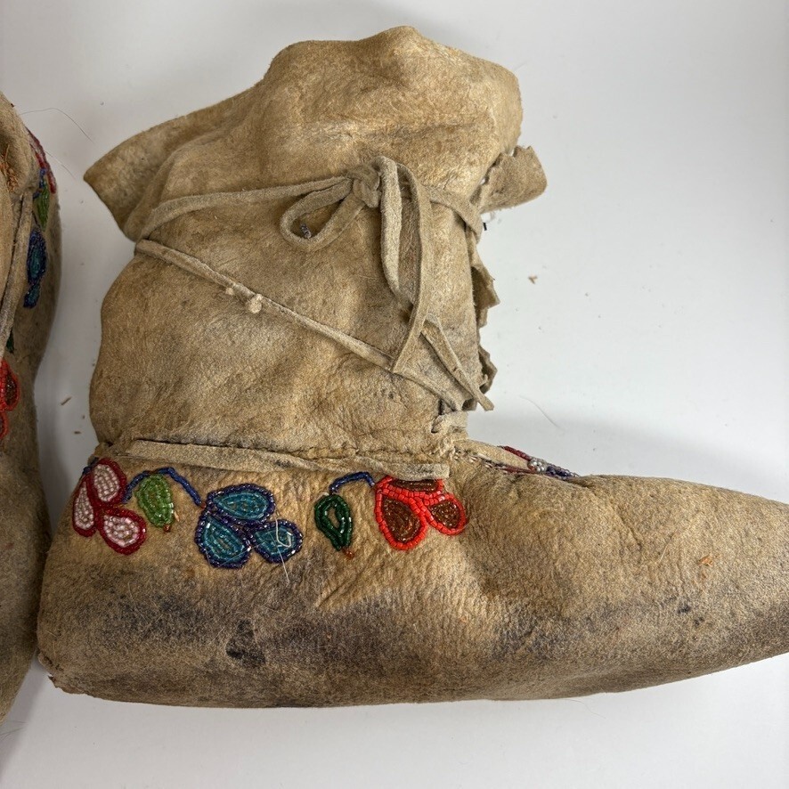 1920s Cree Native American Moccasins High-Top Beaded Pucker Toe Soft-Soled