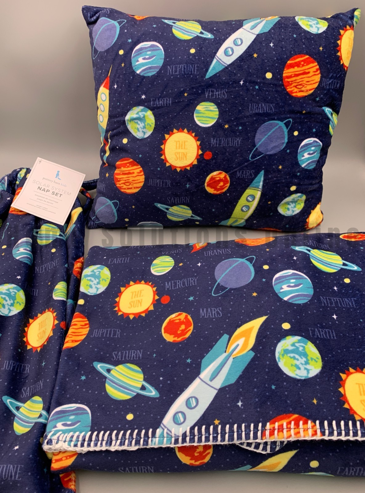 Pottery Barn Kids Navy Solar System Blanket Pillow Nap Set Bag #B5032