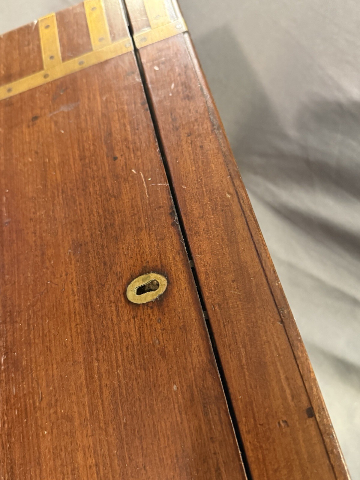 Early Antique Wood & Brass Bound Military Campaign Writing Desk