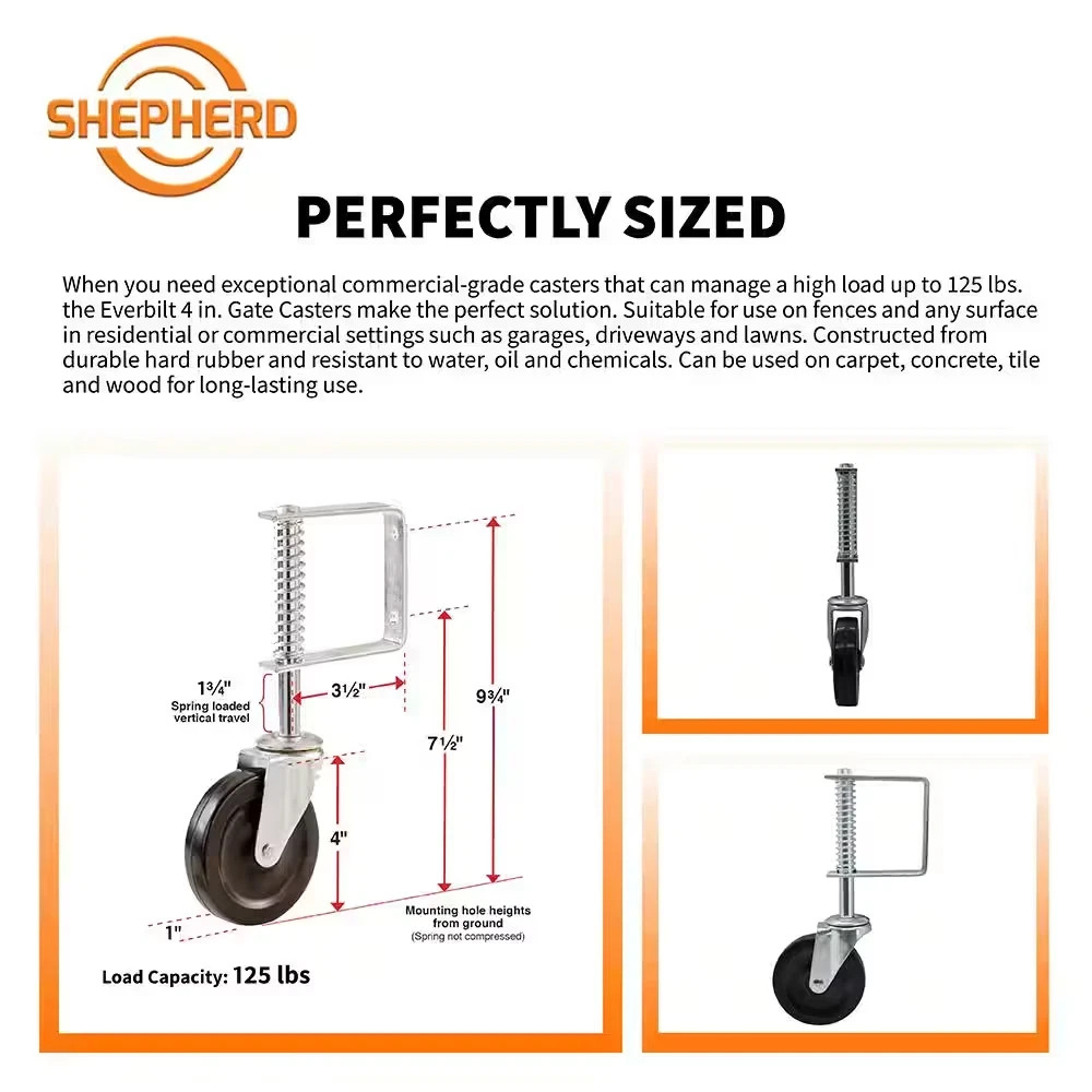 4 Inch Spring Loaded Gate Caster Rubber Wheel 125 lb Wood Or Chain Link Fence