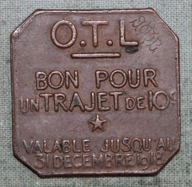 1918 LYON FRANCE 10 CENTIMES O.T.L. OMNIBUS & TRAMWAY TRANSIT TOKEN