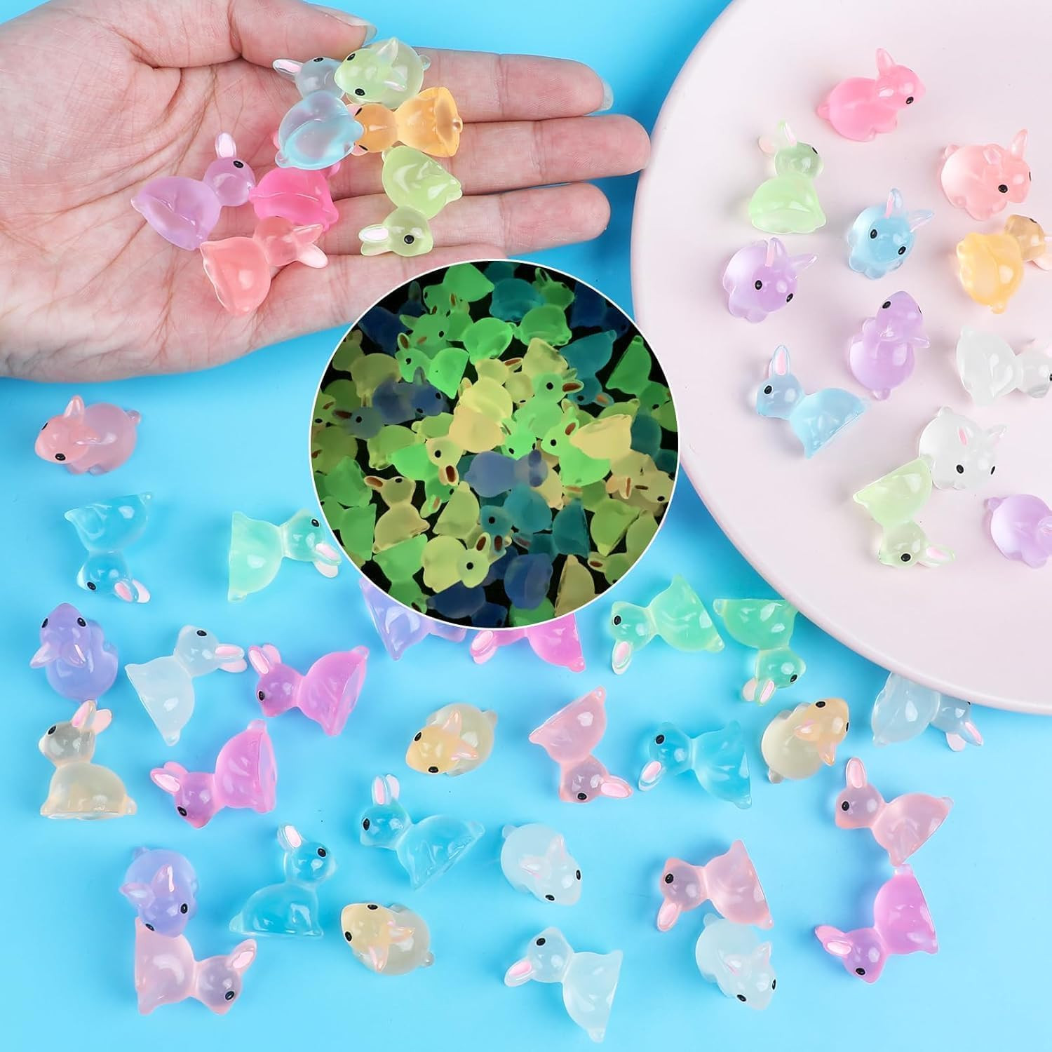 60pcs Easter Luminous Mini Resin Bunny,Glow in Dark Resin Rabbit Figures for Fai