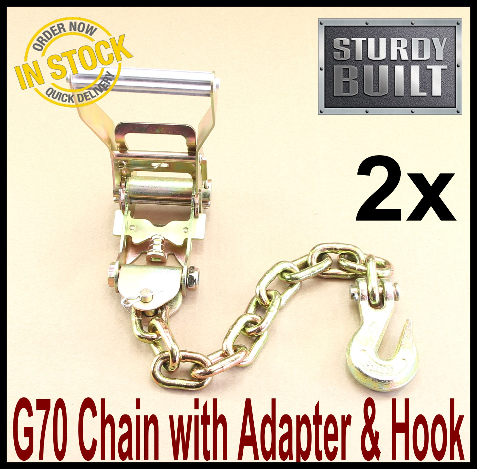 GRIPON 2x Chain Ratchet Strap Tie Down Hook Flatbed Tow Hauler Wrecker Trailer