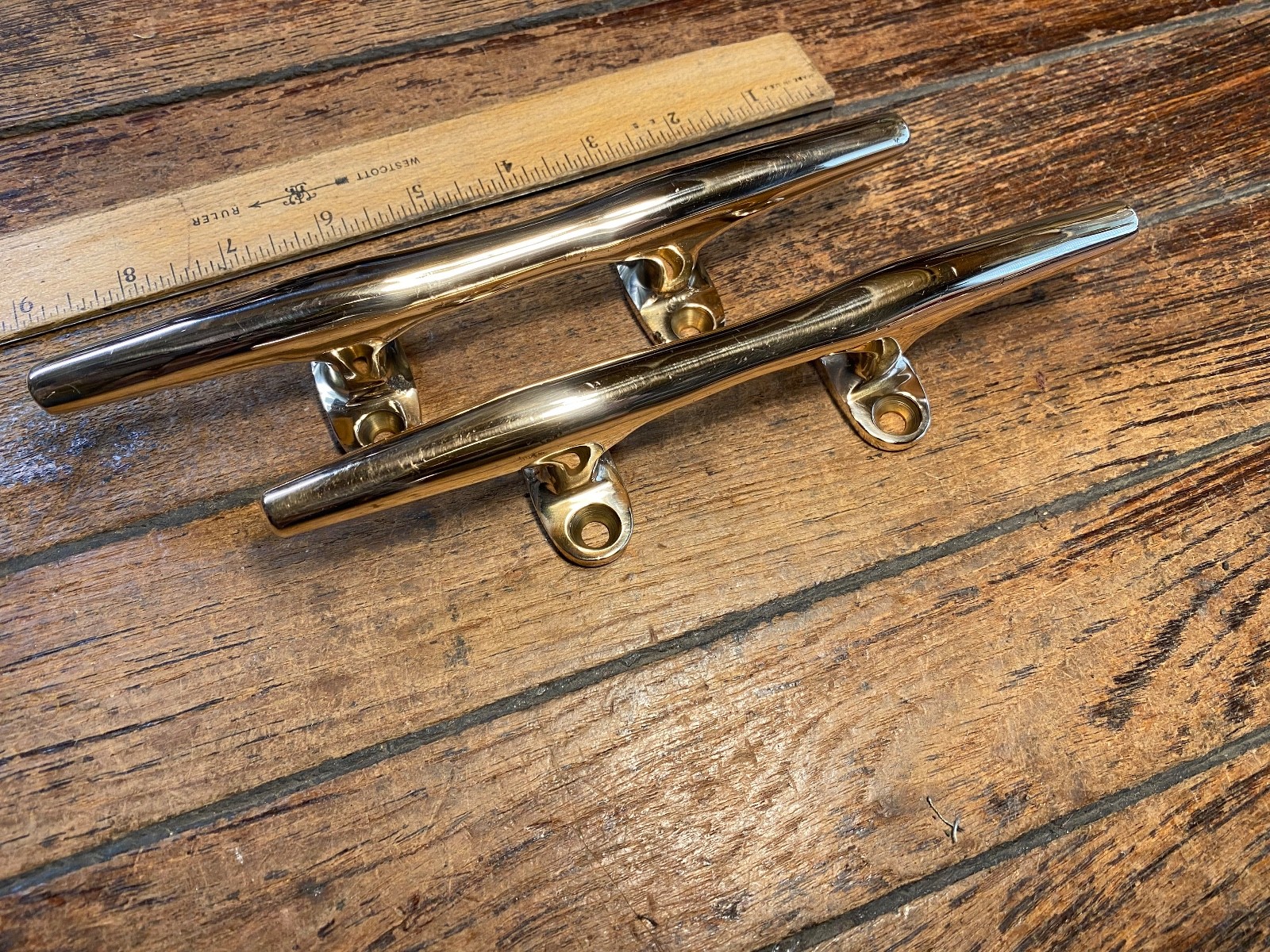 Pair Vintage Polished Bronze 8" Herreshoff Style Cleats, Drawer/Door Handles