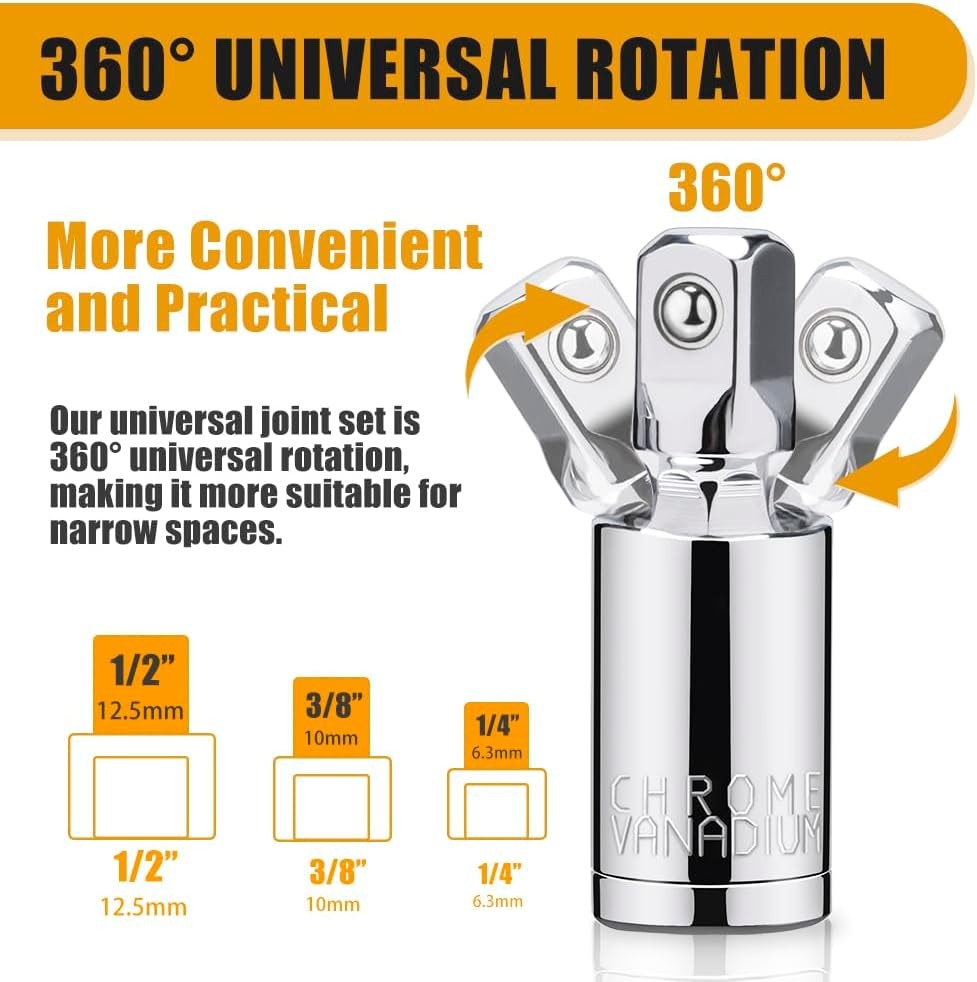 3PCS Universal Joint Socket Set 1/4 3/8 1/2 Drive Swivel Adapter New