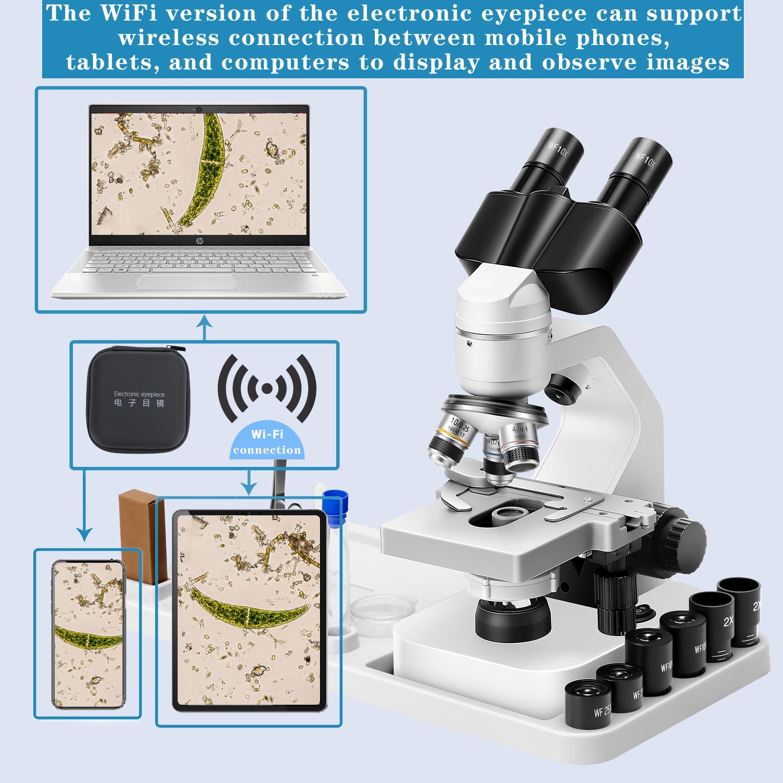 2000X zoom binocular optical microscope with electronic eyepiece, laboratory bin