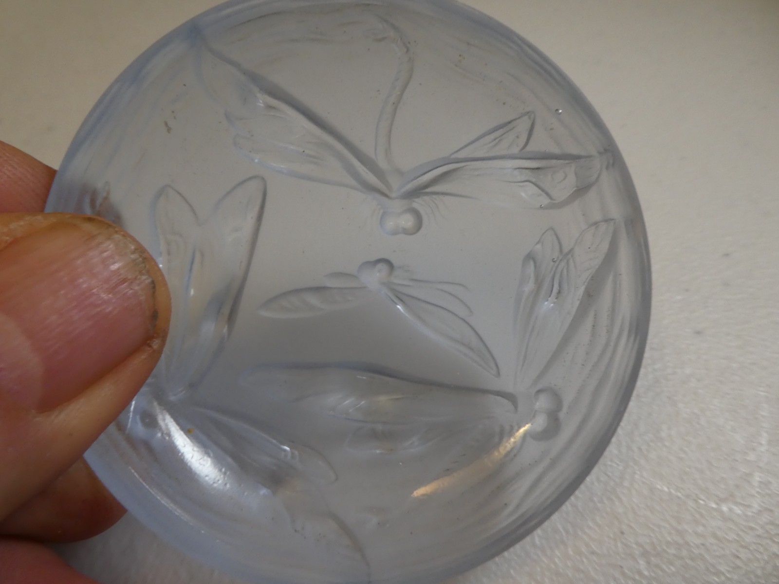 Antique Fenton Glass Art Nouveau Dragonflies Frosted Glass Pin or Salt Dish 3"