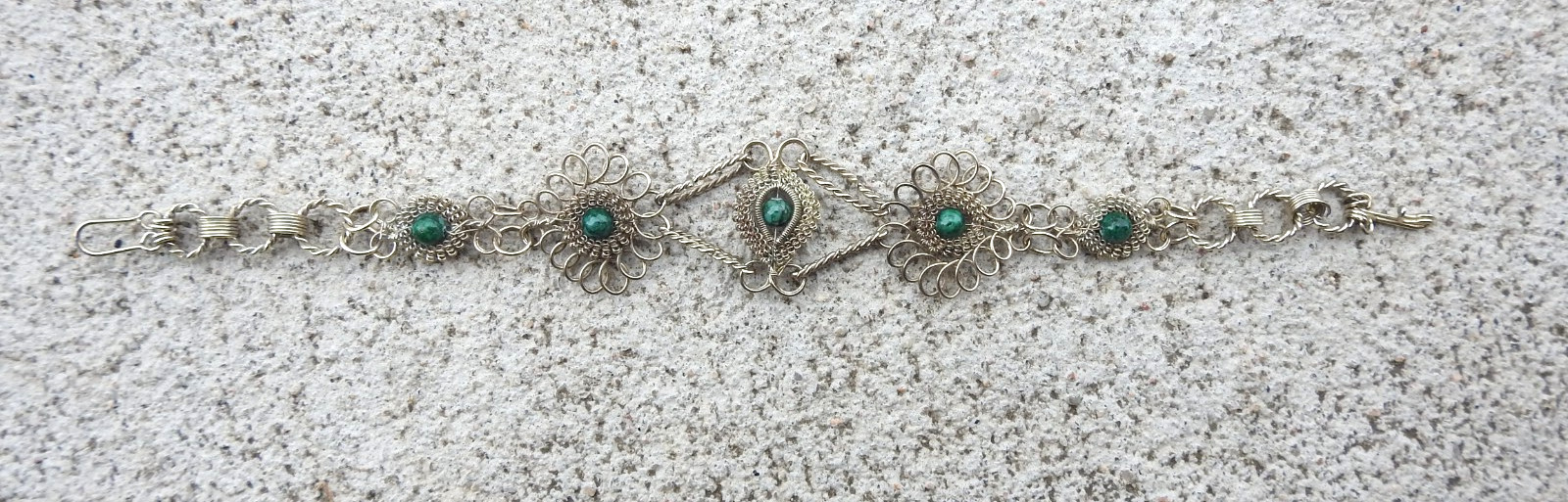 Vintage Malachite Silver Wire Ornate Filigree Silver Plate Bracelet 7 1/2"