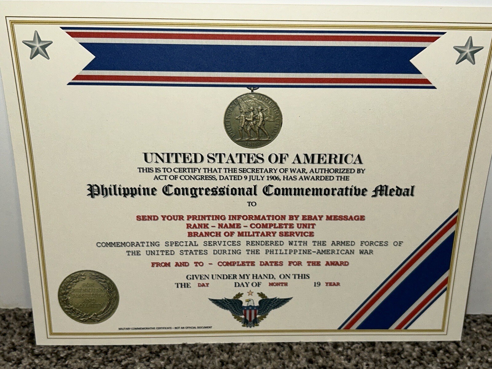 PHILIPPINE CONGRESS COMMEMORATIVE MEDAL CERTIFICATE ~ W/PRINTING TYPE-1