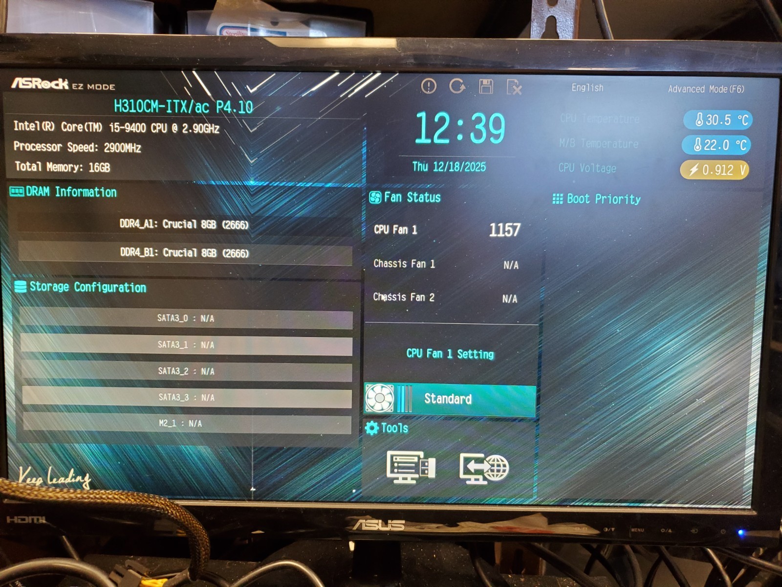 ASRock H310CM-ITX/ac P4.10 WIFI Mini-ITX MOBO, Intel i5-9400 CPU, 16GB RAM COMBO