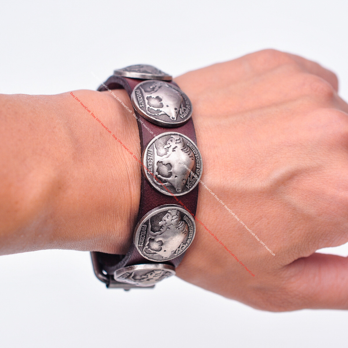 Western Buffalo Concho Veg Tan Brown Leather Wrap Bracelet Wristband Cuff Bangle