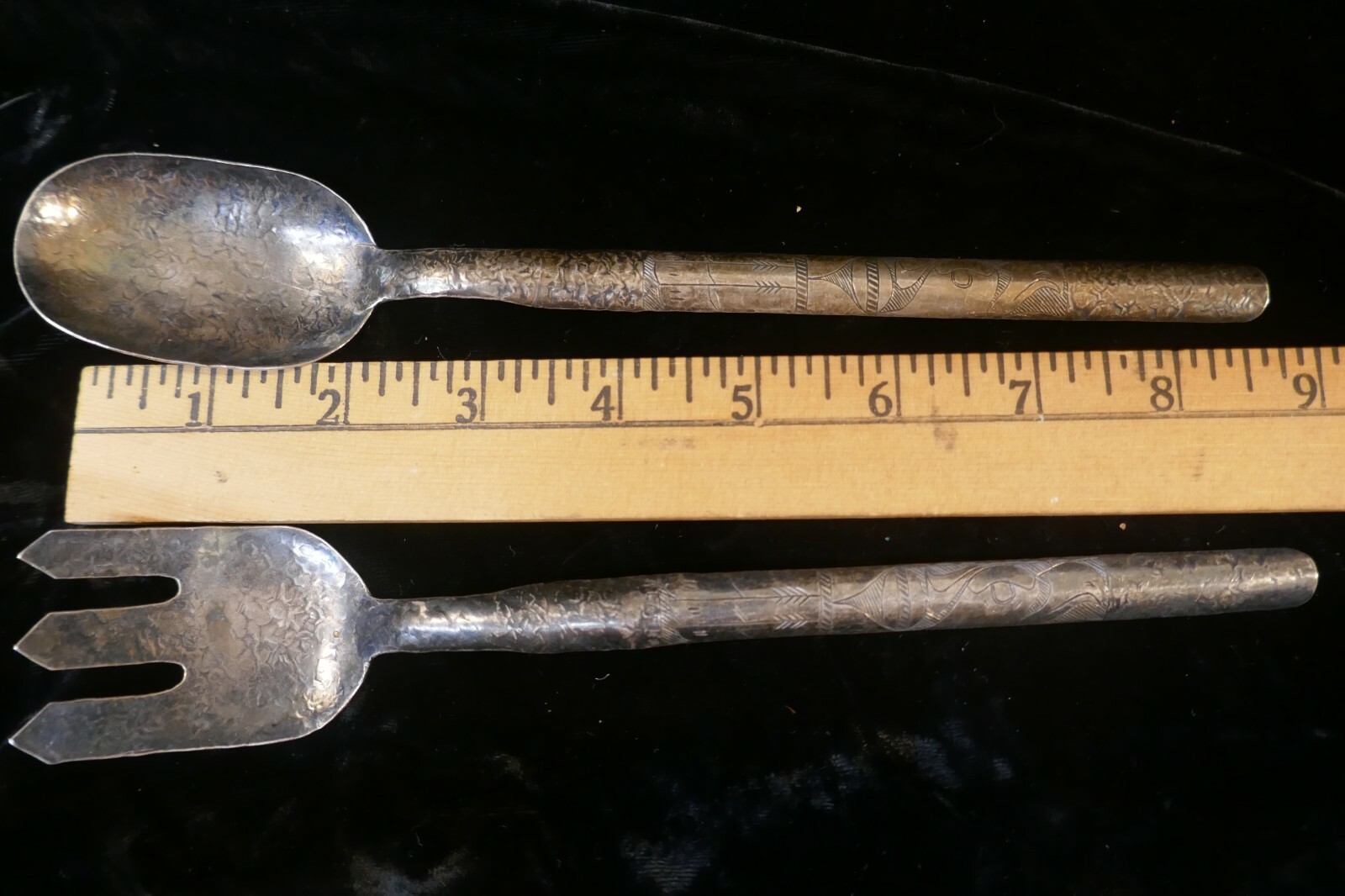 Rare Antique (Tlingit) Native Hand Carved silver Salad Set c:1900 Trade item