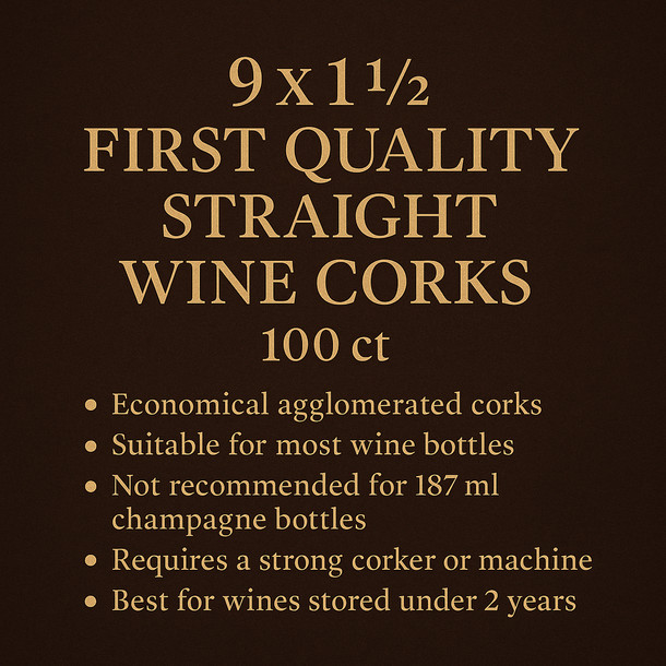 First Quality 9 x 1 1/2 First Quality Straight Wine Corks 100 ct