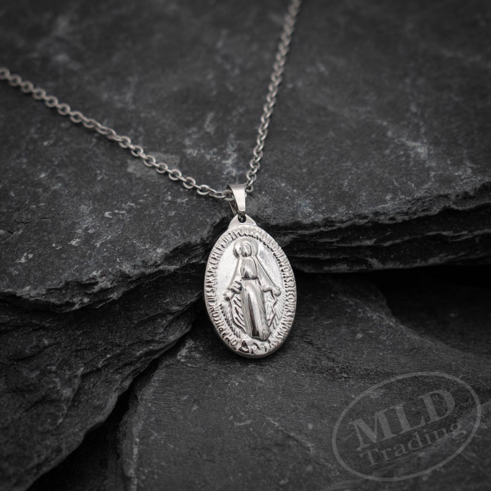 Miraculous Medal Necklace – Stainless Steel Virgin Mary Pendant – 18”+2” Chain