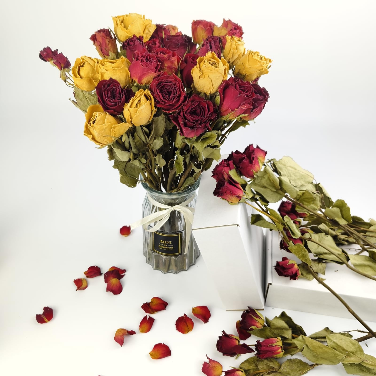 TooGet Natural Dried Flowers Bouquet, 10 Pcs Red Dried Roses Bouquet for Wedd...