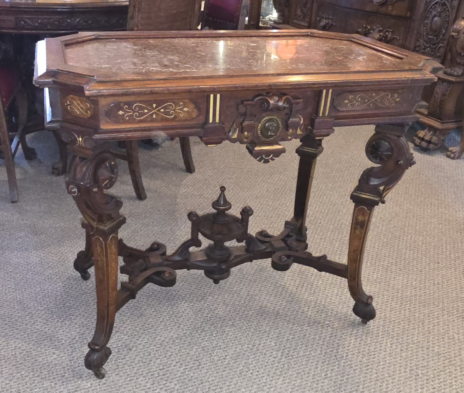Antique Victorian Renaissance Revival Parlor table with framed Brown Marble top