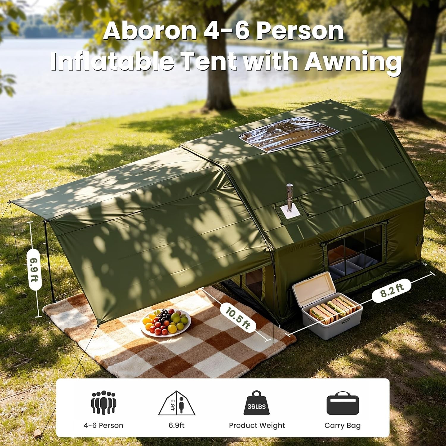 NAIZEA Inflatable Tent with Skylight Blow Up Tents w/Pump Stove Jack 6 Person