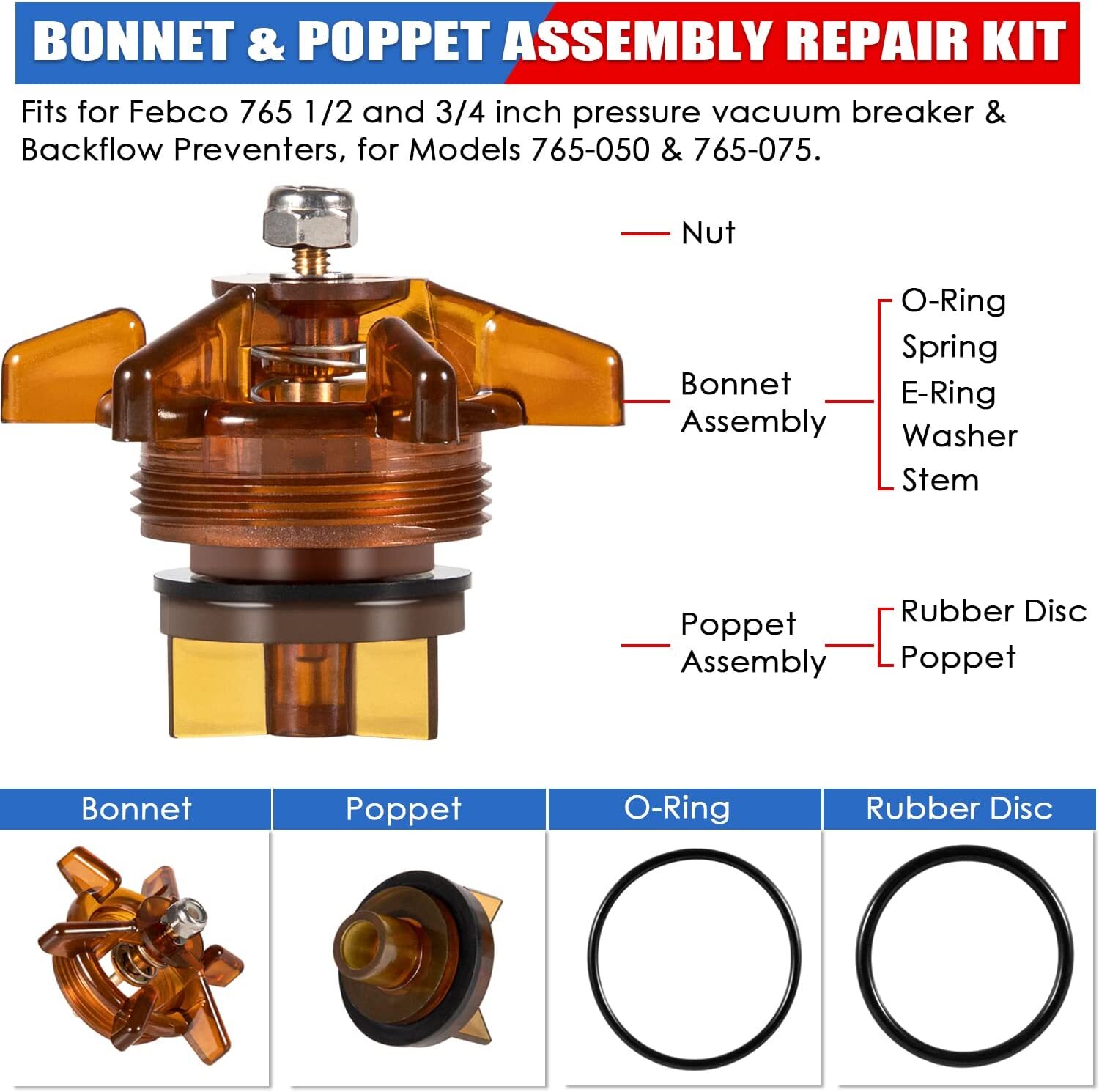 For Febco FRK 765-BP 1/2" & 3/4" Poppet and Bonnet Assembly Repair Kit #905-211