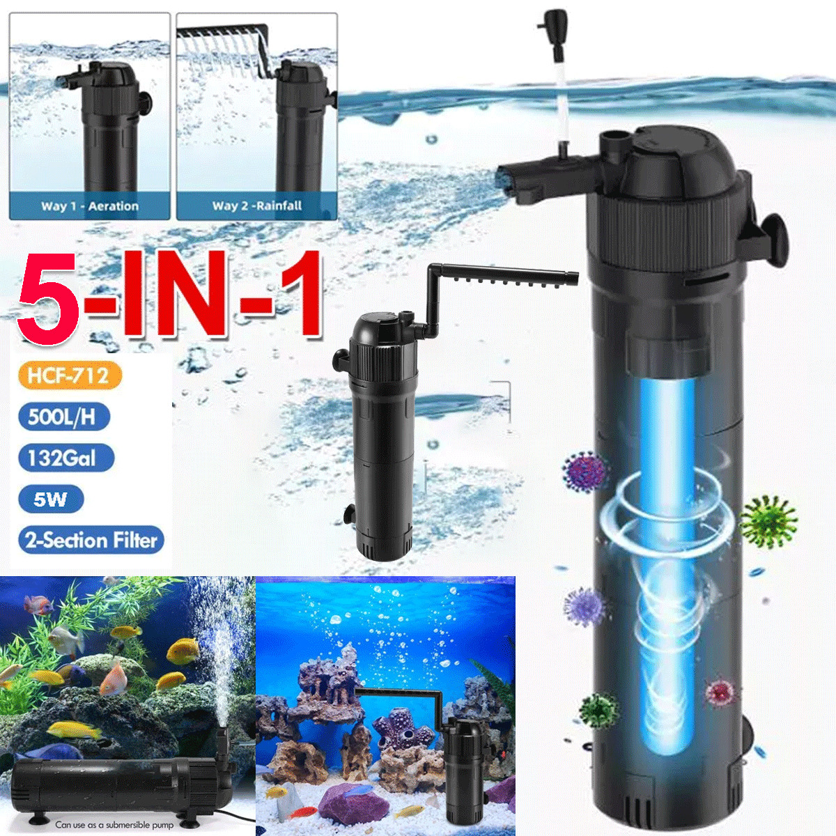 5-IN-1 Internal Aquarium Fish Tank UV Sterilizers Filter Submersible Water Pump
