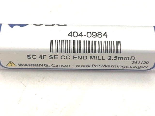 2.5 MM 4 FLUTE METRIC SINGLE END CARBIDE END MILL OSG 404-0984 USA