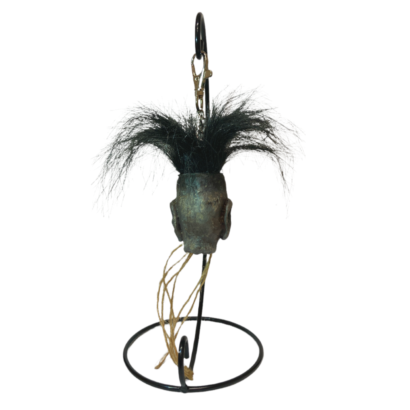 Small Shrunken Head with Hair Metal Stand Oddity Magic Ritual Voodoo Witchcraft