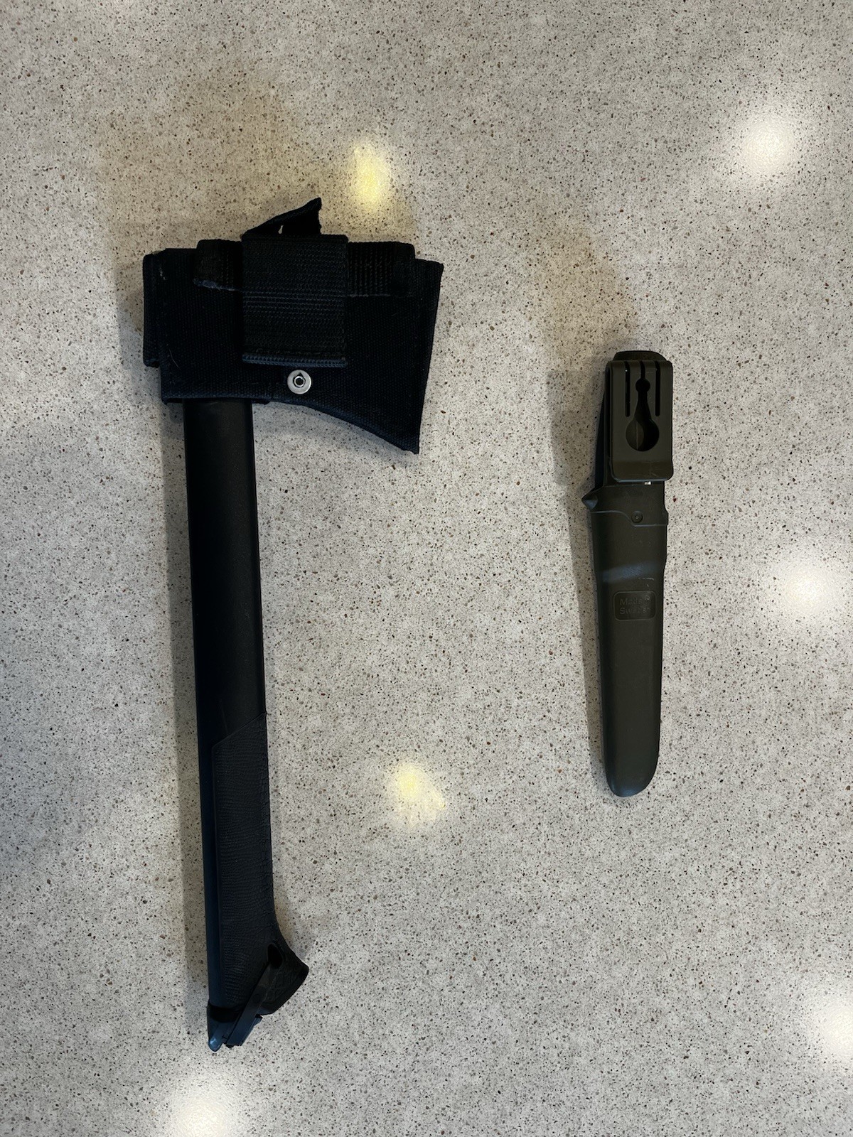 Gerber Hatchet Black Silver Plastic Handle with saw and a morakniv knife