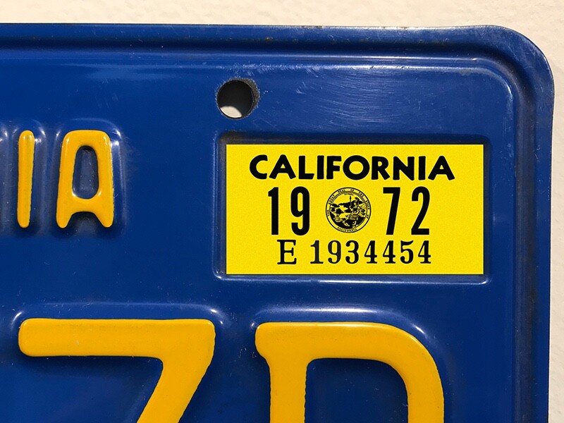 1972 California License Plate Registration Sticker, YOM, CA DMV