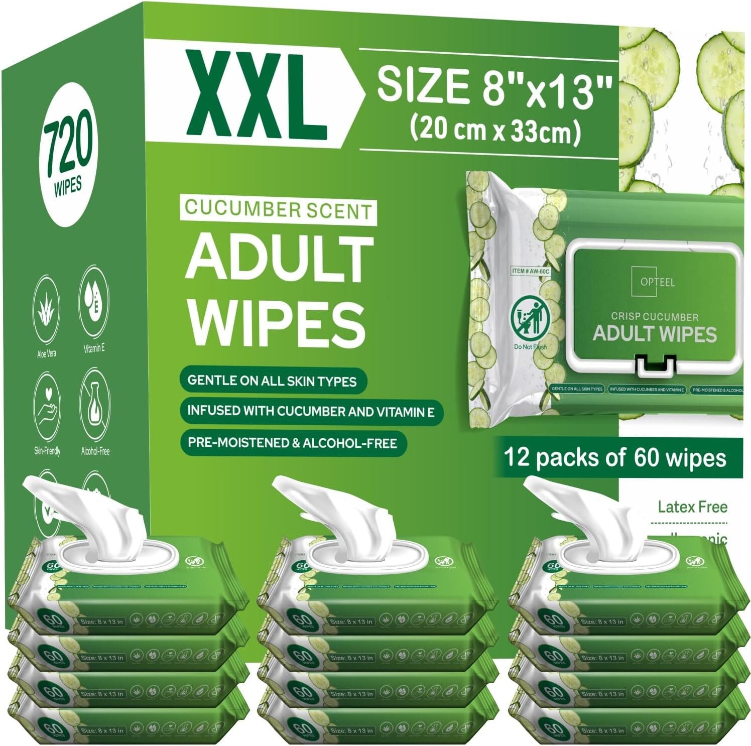 Adult Wipes For Elderly Softly Scented - 8x13" 720ct (12 Packs of 60)