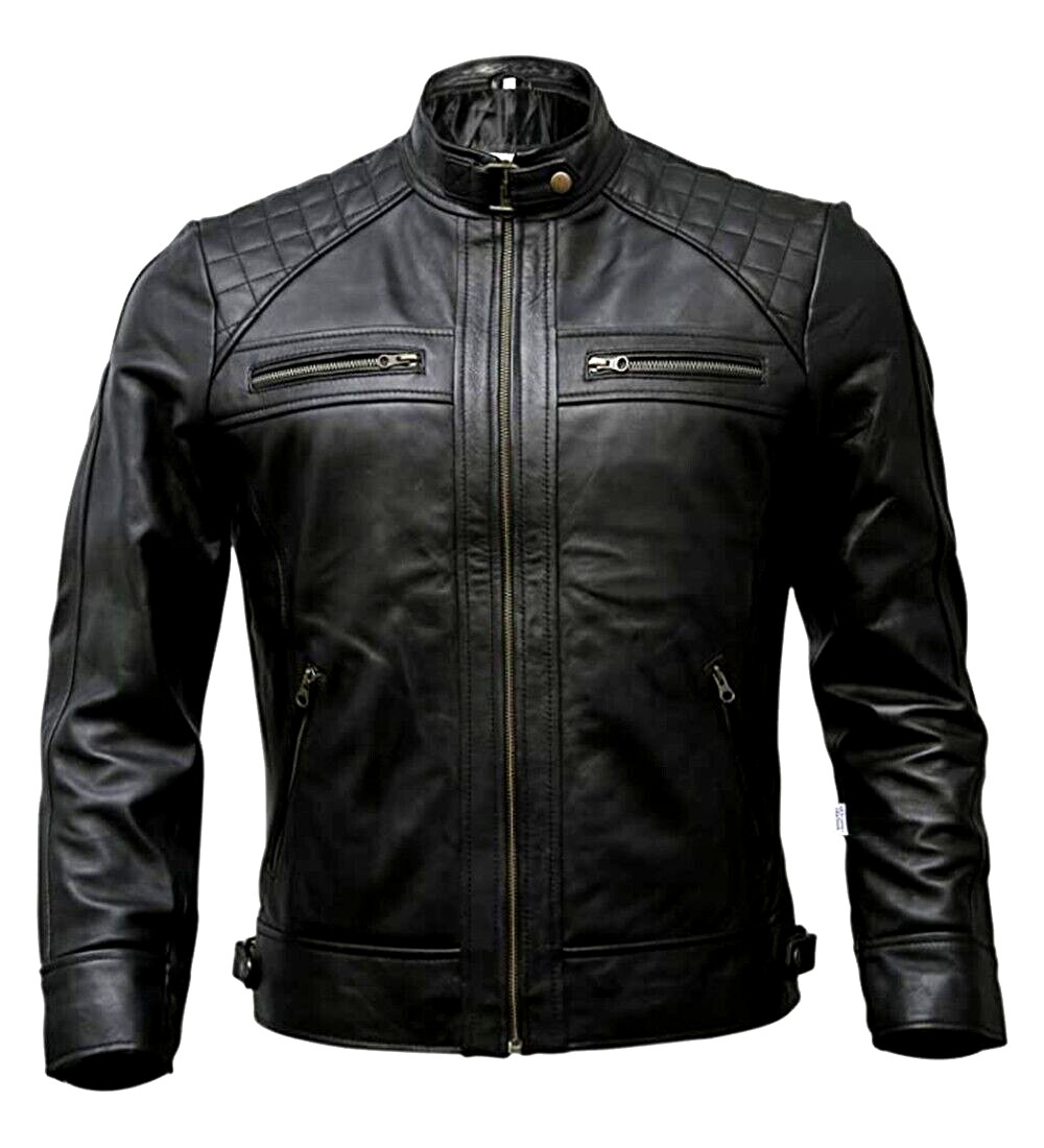 Café Racer Men Leather Jacket Black Brown Biker Genuine Sheep skin Leather