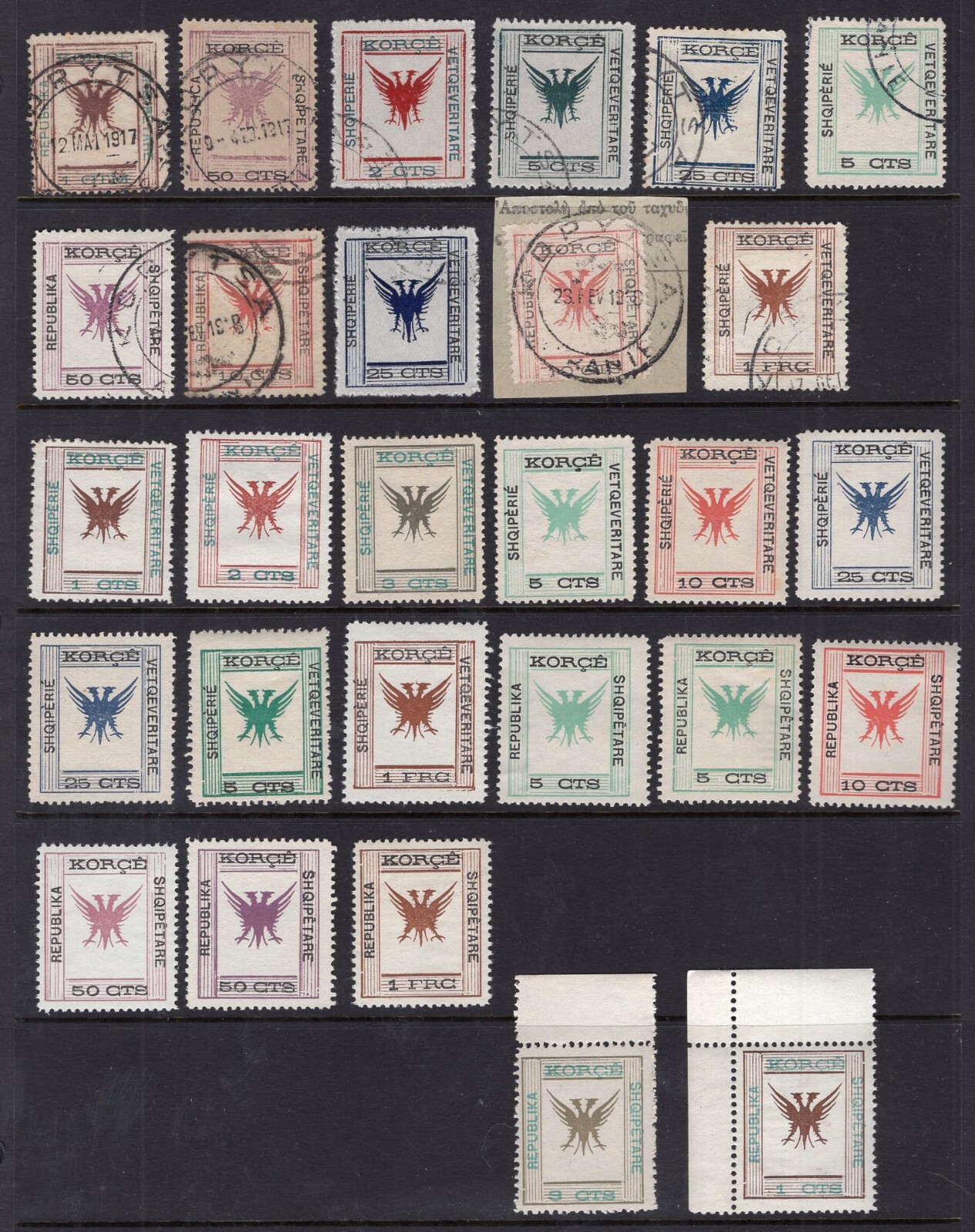 ALBANIA 1917-18 KORCE Issue Stamps, Lot of 28 Used & Mint