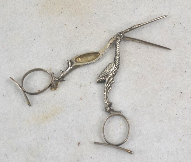 early period midwife stork umbilical clamp babies 19th c silver original antique