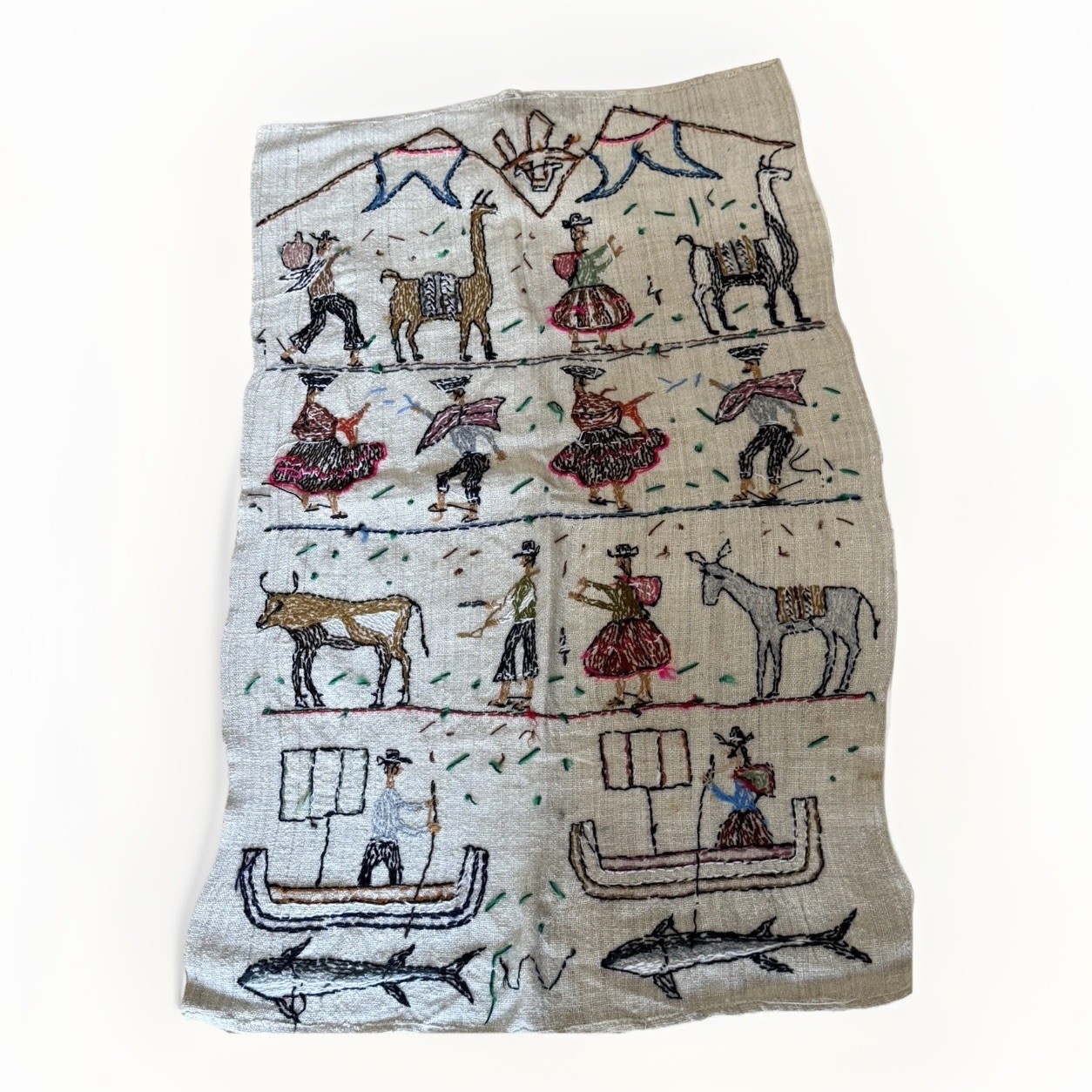 Vintage Peruvian Embroidered Wool Tapestry Wedding Celebration 39x24”