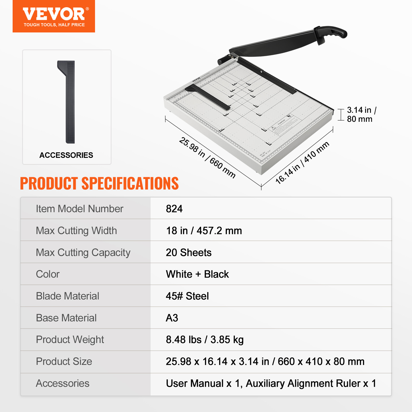 VEVOR Paper Cutter Guillotine Trimmer 18" 20 Sheets Cutting Capacity Metal Base
