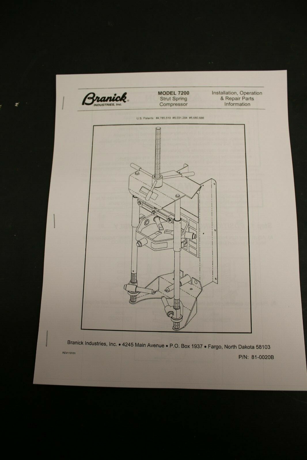 Branick 7200 Strut Spring Compressor Installation, Operation, & Repair Manual